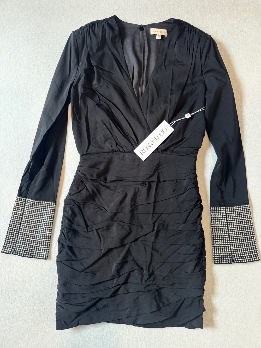 Ronny Kobo Black Crystal Cuff Ruched Mini Dress XS NWT